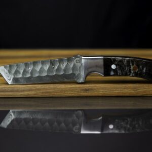 Hammered Damascus Tanto Knife with Rams Horn Handle