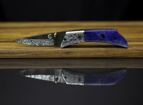 Damascus Folder with Buffalo Bone Handle (Dyed Blue)