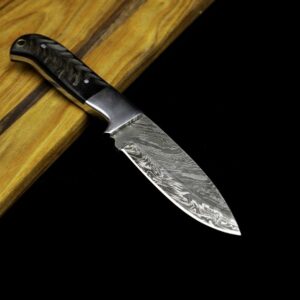 Damascus Hunting Knife with Ram Horn Handle and Nice Filework