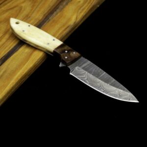 Damascus Knife with Scrimshaw Buffalo Bone Handle and Nice Filework