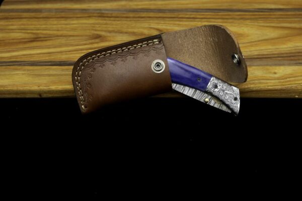 Damascus Folder with Buffalo Bone Handle (Dyed Blue)