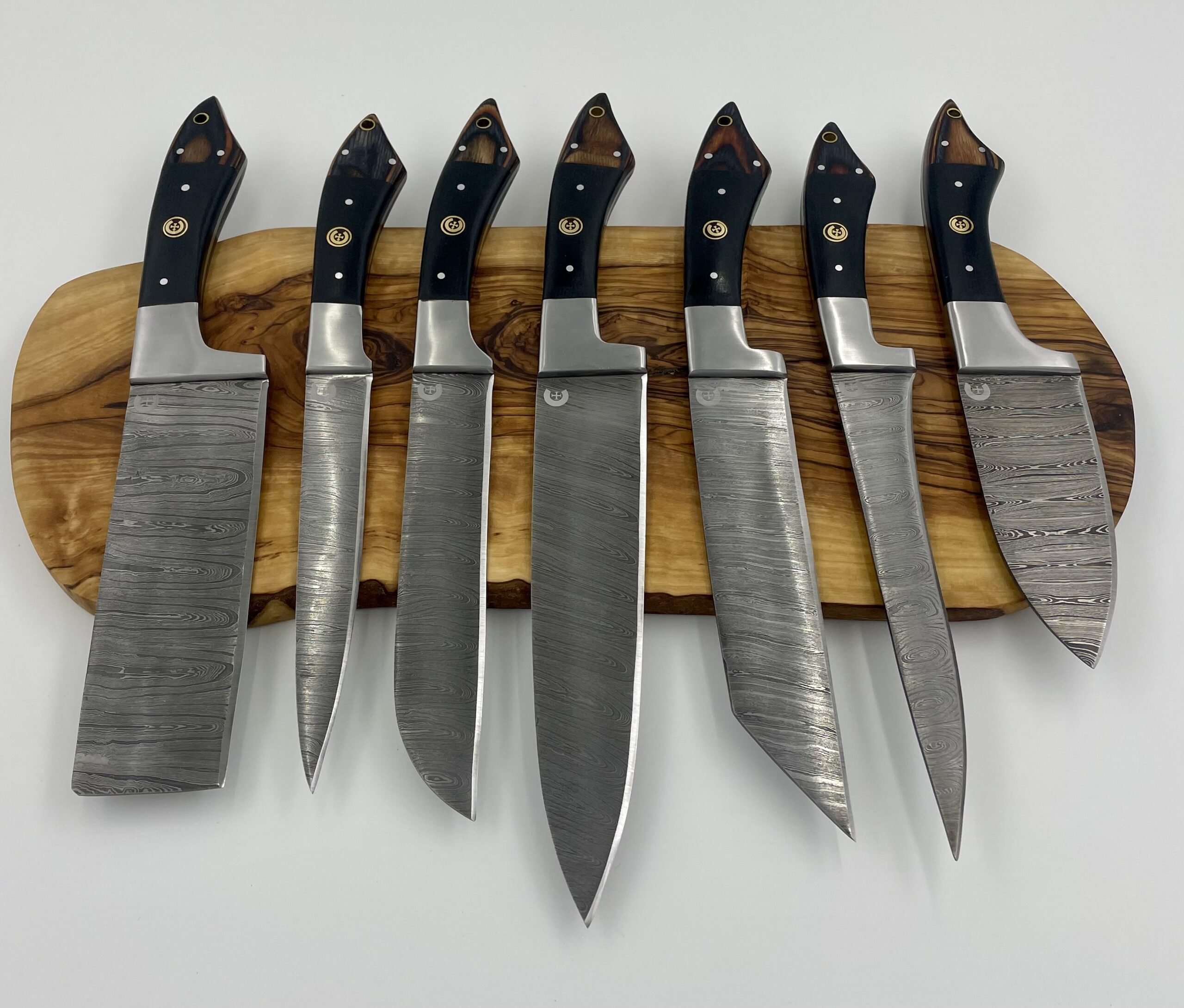 Damascus Chef Knives with Micarta & Pakkawood Handles – 7 Knife Set