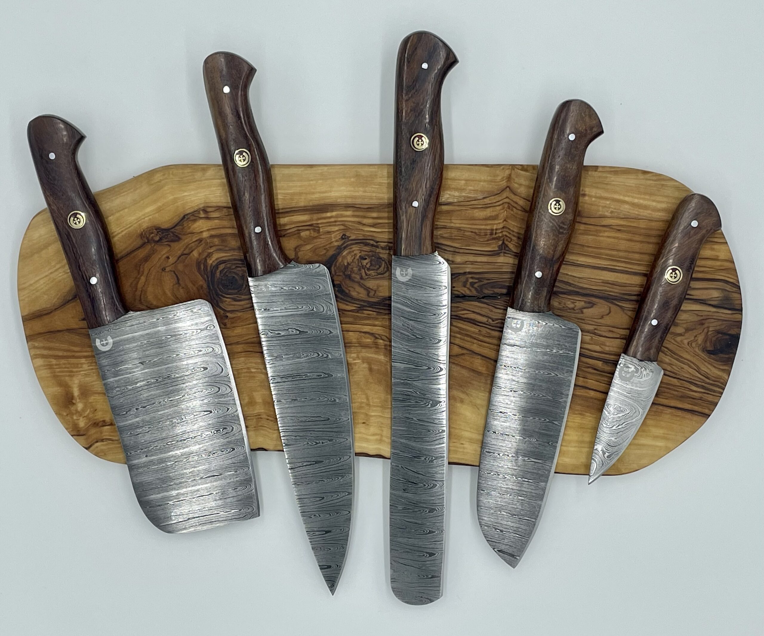 Damascus Chef Knives with Rosewood Handles – 5 Knife Set