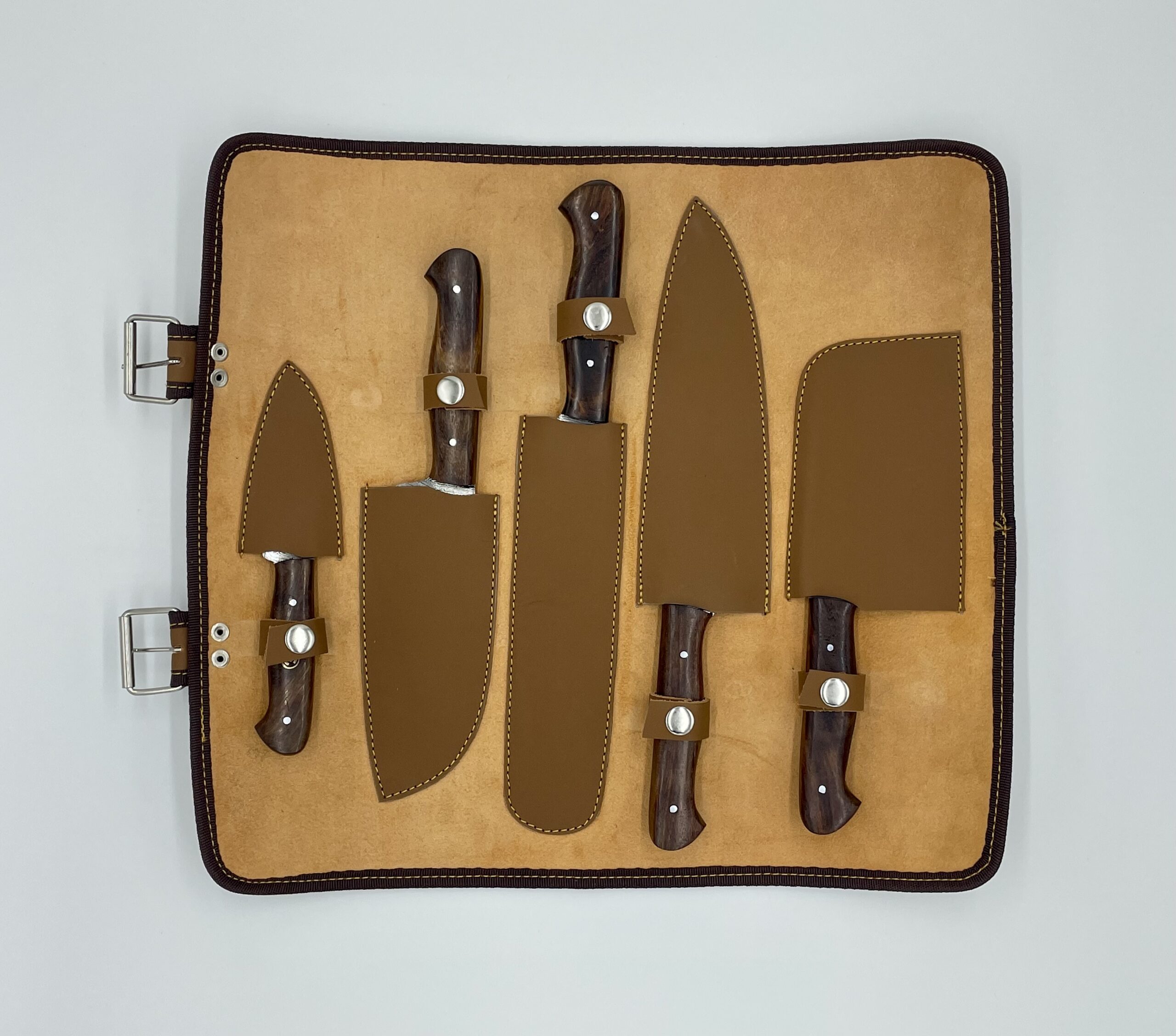 Carbon Steel Chef Knife Set With Rolling Leather Bag Blue